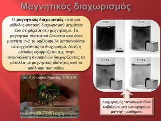 Ο καγλεηηθόο δηαρσξηζκόο είλαη κηα
 κέζνδνο θπζηθνύ δηαρωξηζκνύ κηγκάηωλ
    πνπ ζηεξίδεηαη ζην καγλεηηζκό. Τα
 καγλεηηθά ζπζηαηηθά έιθνληαη από έλαλ
καγλήηε ελώ ηα ππόινηπα δε κεηαθηλνύληαη
  επηηπγράλνληαο ην δηαρωξηζκό. Απηή ε
      κέζνδνο εθαξκόδεηαη π.ρ. ζηελ
αλαθύθιωζε ζθνππηδηώλ δηαρωξίδνληαο ηα
 κέηαιια κε καγλεηηθέο ηδηόηεηεο από ηα
           ππόινηπα ζθνππίδηα.

           Λνγηζκηθό Φεκείαο ΥΠΕΠΘ




                                           Δηαρωξηζκόο λαλνζωκαηηδίωλ
                                           θνβαιηίνπ από ελαηώξεκα κε
                                                καγλήηε λενδήκηνπ
 