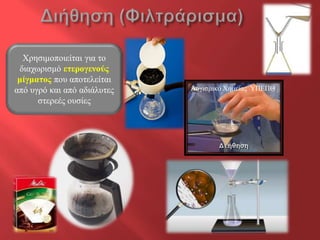 Φξεζηκνπνηείηαη γηα ην
 δηαρωξηζκό εηεξνγελνύο
 κίγκαηνο πνπ απνηειείηαη
από πγξό θαη από αδηάιπηεο   Λνγηζκηθό Φεκείαο ΥΠΕΠΘ
      ζηεξεέο νπζίεο
 