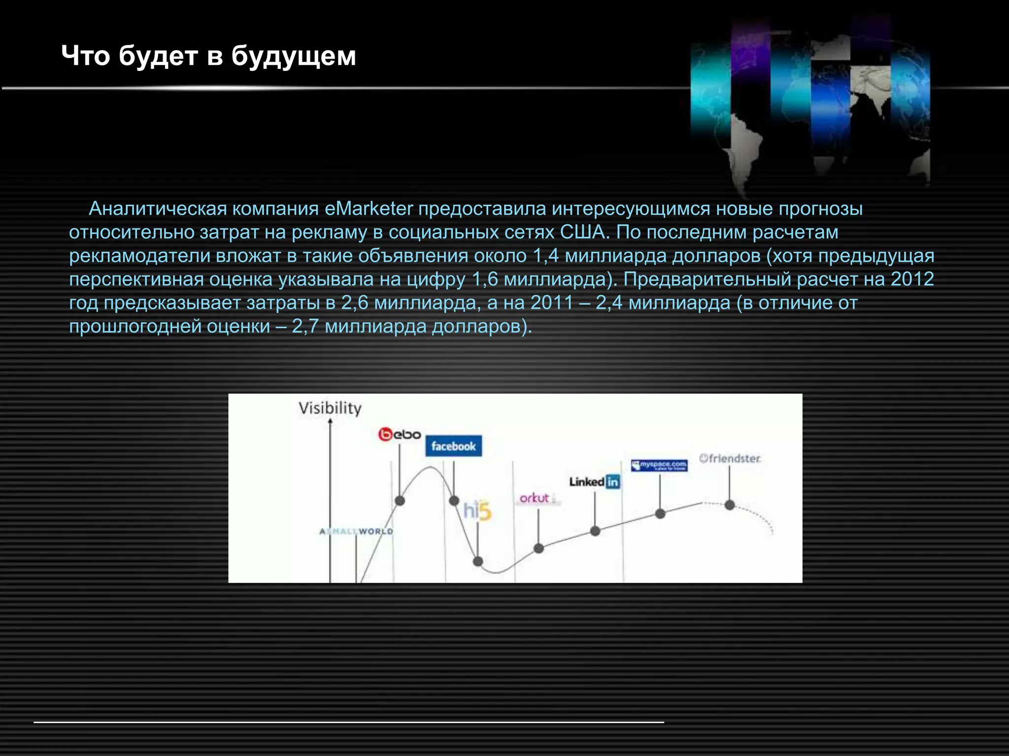Что будет в будущем




  Аналитическая компания eMarketer предоставила интересующимся новые прогнозы
относительно затрат на рекламу в социальных сетях США. По последним расчетам
рекламодатели вложат в такие объявления около 1,4 миллиарда долларов (хотя предыдущая
перспективная оценка указывала на цифру 1,6 миллиарда). Предварительный расчет на 2012
год предсказывает затраты в 2,6 миллиарда, а на 2011 – 2,4 миллиарда (в отличие от
прошлогодней оценки – 2,7 миллиарда долларов).
 