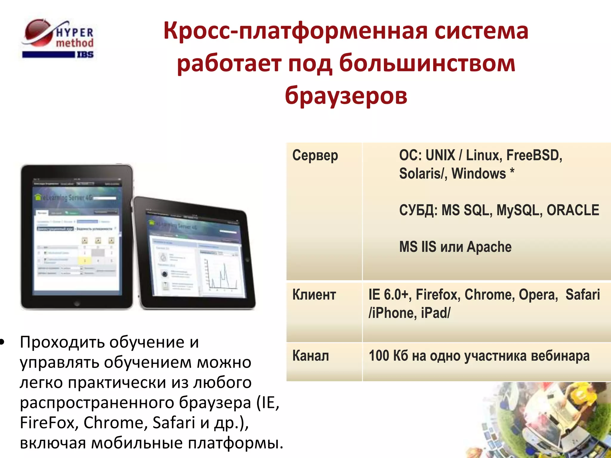 Кросс-платформенная система
                    работает под большинством
                            браузеров

                                  Сервер        ОС: UNIX / Linux, FreeBSD,
                                                Solaris/, Windows *

                                                СУБД: MS SQL, MySQL, ORACLE

                                                MS IIS или Apache


                                  Клиент   IE 6.0+, Firefox, Chrome, Opera, Safari
                                           /iPhone, iPad/
• Проходить обучение и
  управлять обучением можно       Канал    100 Кб на одно участника вебинара
  легко практически из любого
  распространенного браузера (IE,
  FireFox, Chrome, Safari и др.),
  включая мобильные платформы.
 