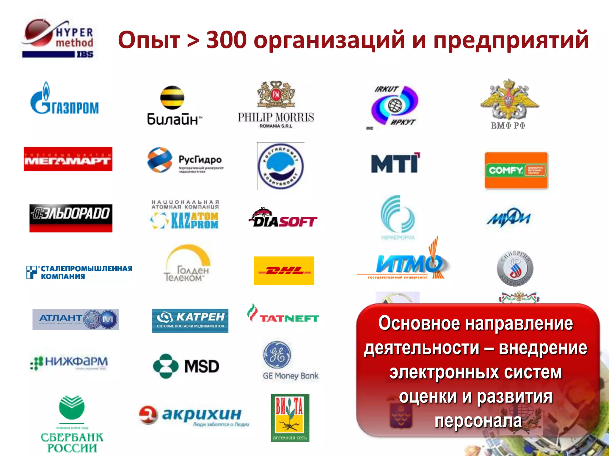 Опыт > 300 организаций и предприятий




                   Основное направление
                  деятельности – внедрение
                     электронных систем
                      оценки и развития
                          персонала
 