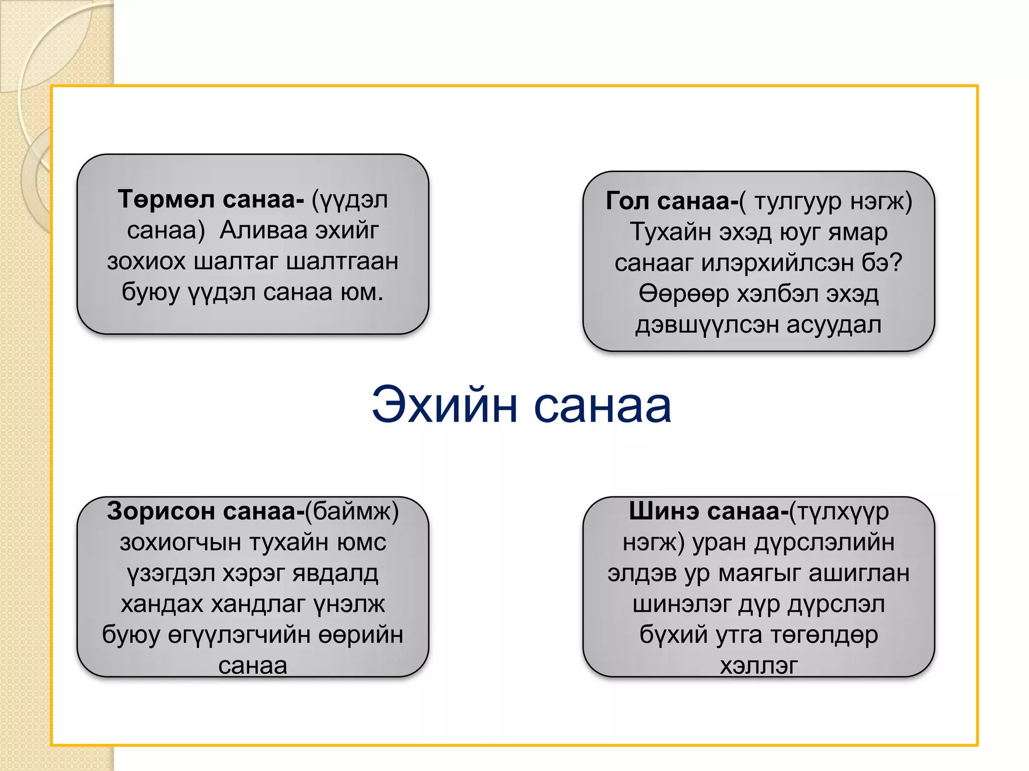 Төрмөл санаа- (үүдэл       Гол санаа-( тулгуур нэгж)
  санаа) Аливаа эхийг         Тухайн эхэд юуг ямар
зохиох шалтаг шалтгаан       санааг илэрхийлсэн бэ?
 буюу үүдэл санаа юм.          Өөрөөр хэлбэл эхэд
                               дэвшүүлсэн асуудал


                    Эхийн санаа
Зорисон санаа-(баймж)         Шинэ санаа-(түлхүүр
 зохиогчын тухайн юмс        нэгж) уран дүрслэлийн
  үзэгдэл хэрэг явдалд      элдэв ур маягыг ашиглан
 хандах хандлаг үнэлж         шинэлэг дүр дүрслэл
буюу өгүүлэгчийн өөрийн       бүхий утга төгөлдөр
         санаа                       хэллэг
 