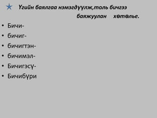 Үгийн баялгаа нэмэгдүүлж,толь бичгээ
                           баяжуулан хөтөлье.
•   Бичи-
•   бичиг-
•   бичигтэн-
•   бичимэл-
•   Бичигэсү-
•   Бичибүри
 