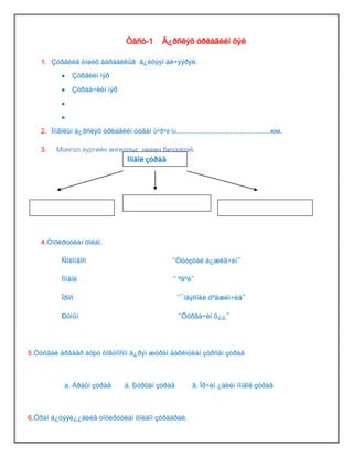 Òåñò-1        Ä¿ðñëýõ óðëàãèéí õýë

   1. Çóðãèéã óíøèõ äàðààëëûã ã¿éöýýí áè÷ýýðýé.

               Çóðãèéí íýð

               Çóðàà÷èéí íýð




   2. Ìîíãîëûí ä¿ðñëýõ óðëàãèéí óóãàí òºðºë íü.................................................юм.

   3.    Монгол зургийн ангиллыг нөхөн бичээрэй.
                                    Ìîíãîë çóðàã




   4.Òîõèðóóëàí õîëáî.

           Ñîëîíãîñ                                  “Òóóçòàé á¿æèã÷èí”

           Ìîíãîë                                    “ ªâºë”

           Îðîñ                                        “¯íäýñíèé õºãæèì÷èä”

           Ðóìûí                                       “Õóðãà÷èí õ¿¿”




5.Òóñãàé àðãààð áóþó òîãòîîñîí ä¿ðýì æóðàì áàðèìòëàí çóðñàí çóðàã



            а. Àðäûí çóðàã         á. Бóðõàí çóðàã            â. Îð÷èí ¿åèéí ìîíãîë çóðàã



6.Óðàí á¿òýýë¿¿äèéã òîõèðóóëàí õîëáîí çóðààðàé.
 