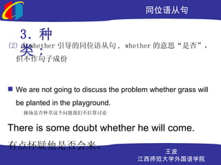 ͬλӾ

    3. 
(2)  whether ͬλӾ , whether ˼Ƿ񡱣
    :
  ӳɷ



? We are not going to discuss the problem whether grass will
  be planted in the playground.
    ٳǷֲǲ


There is some doubt whether he will come.
е㻳Ƿ
                                          
                                      ʦѧѧԺ
 