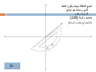 ‫نضع المنقلة بحيث يكون الخط‬
        ‫الذي رسمناه هو ضلع‬
               ‫الزاوية ونقوم‬
          ‫بتحديد زاوية )021(.‬
    ‫٭‬    ‫)التجاه مع عقارب الساعة)‬




‫٭‬
 