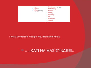 Πηγές: Βικιπαιδεία, Θέατρο Info, daskalabm3 blog




              …..ΚΑΤΙ ΝΑ ΜΑΣ ΣΥΝΔΕΕΙ..
 