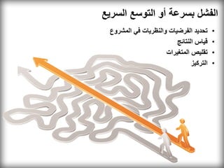‫الفشل بسرعة أو التوسع السريع‬
 ‫تحديد الفرضيات والنظريات في المشروع‬     ‫•‬
                         ‫قياس النتائج‬    ‫•‬
                     ‫تقليص المتغيرات‬     ‫•‬
                               ‫التركيز‬   ‫•‬
 
