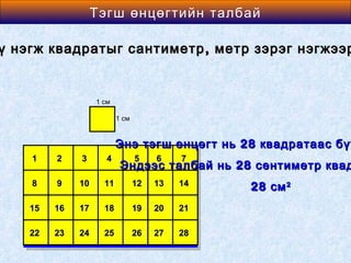Area өнцөгтийн талбай
               Тэгш of a Rectangle

ү нэгж квадратыг сантиметр , метр зэрэг нэгжээр


                   1 см

                          1 см


                          Энэ тэгш өнцөгт нь 28 квадратаас бүт
    1    2    3       4          5    6    7
                           Эндээс талбай нь 28 сентиметр квад
    8    9    10     11          12   13   14   28 см 2
    15   16   17     18          19   20   21

    22   23   24     25          26   27   28
 