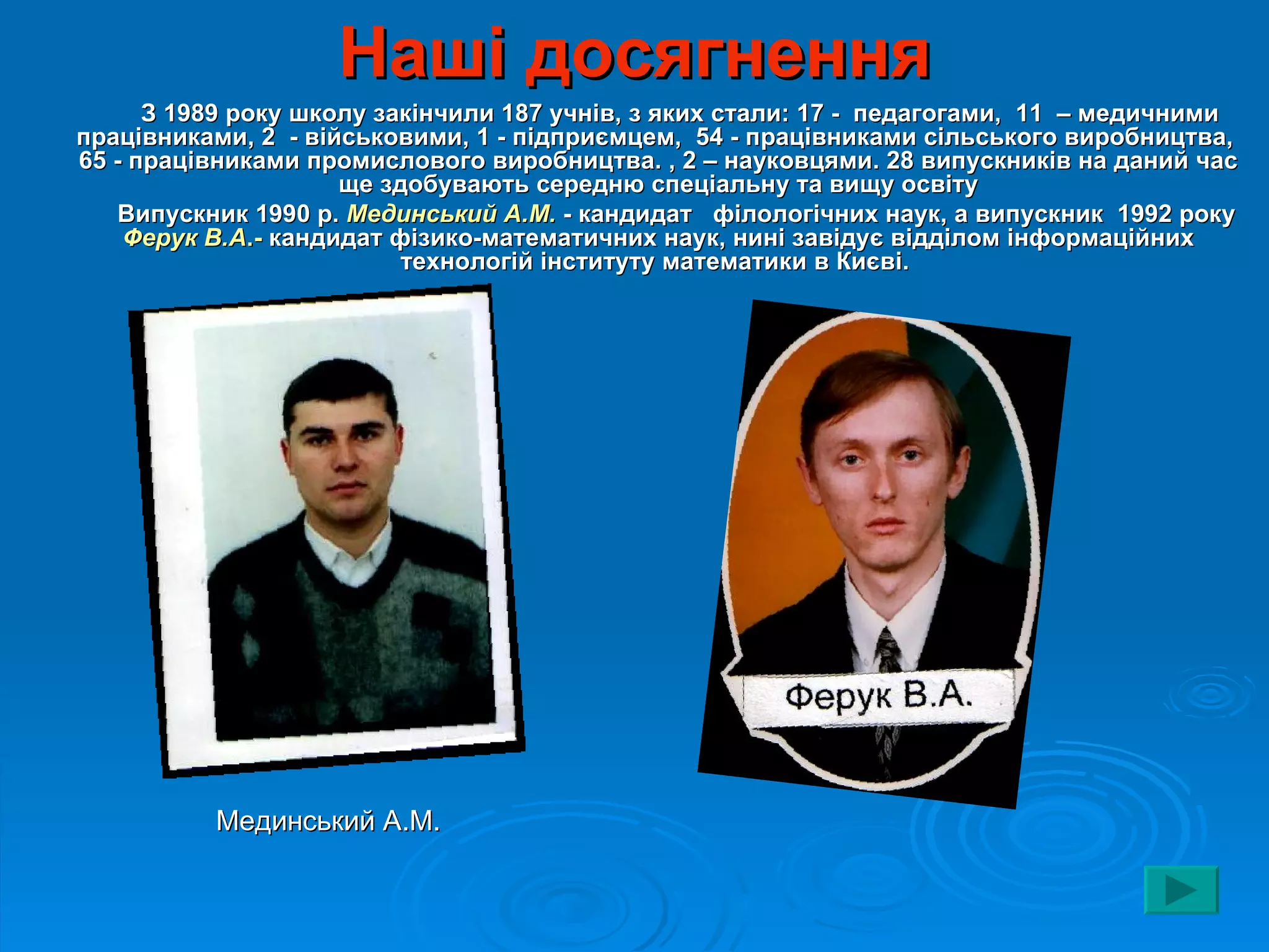 Наші досягнення
      З 1989 року школу закінчили 187 учнів, з яких стали: 17 - педагогами, 11 – медичними
працівниками, 2 - військовими, 1 - підприємцем, 54 - працівниками сільського виробництва,
65 - працівниками промислового виробництва. , 2 – науковцями. 28 випускників на даний час
                     ще здобувають середню спеціальну та вищу освіту
   Випускник 1990 р. Мединський А.М. - кандидат філологічних наук, а випускник 1992 року
    Ферук В.А.- кандидат фізико-математичних наук, нині завідує відділом інформаційних
                          технологій інституту математики в Києві.




          Мединський А.М.
 