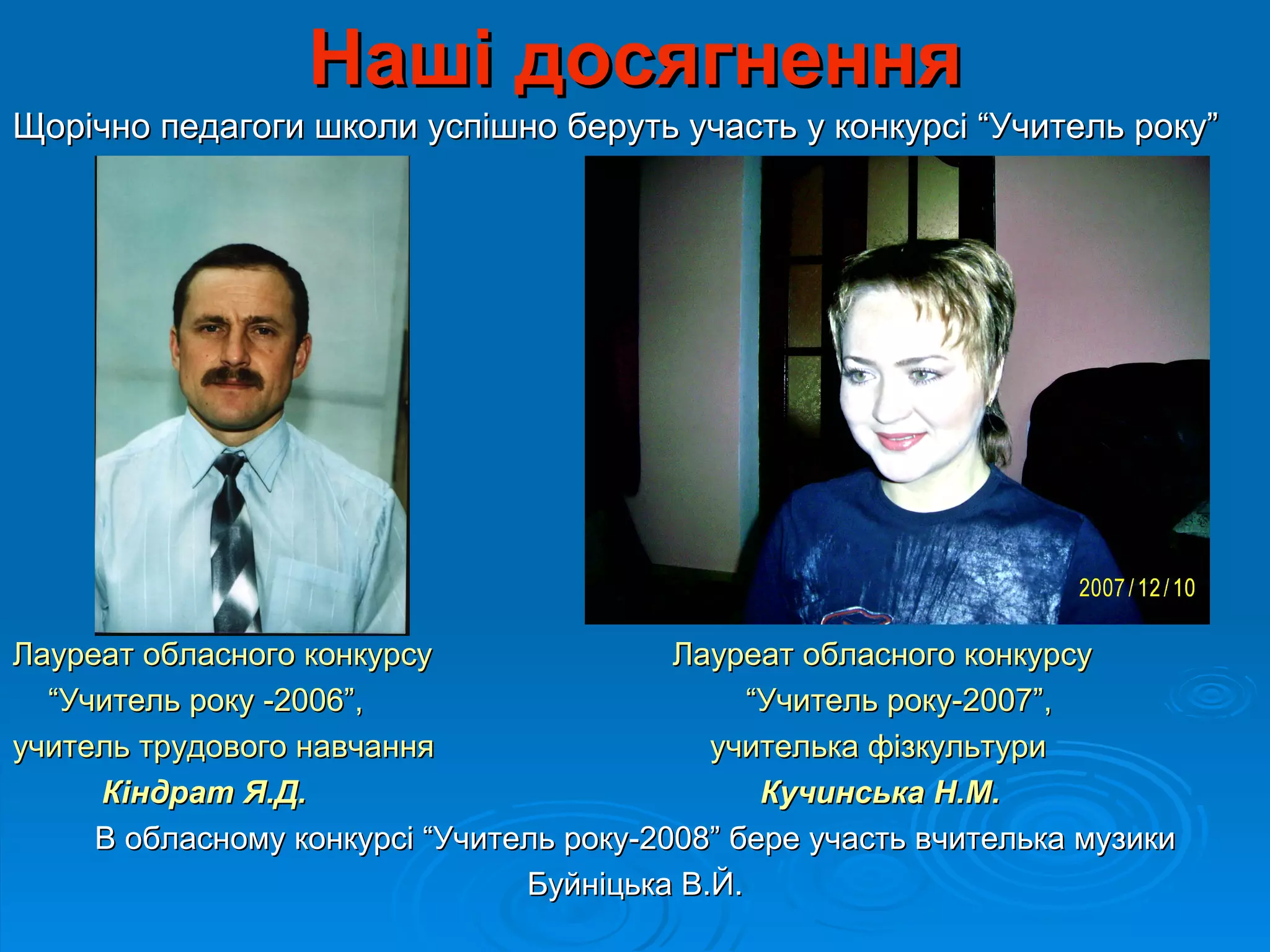 Наші досягнення
Щорічно педагоги школи успішно беруть участь у конкурсі “Учитель року”




Лауреат обласного конкурсу                Лауреат обласного конкурсу
  “Учитель року -2006”,                        “Учитель року-2007”,
учитель трудового навчання                  учителька фізкультури
     Кіндрат Я.Д.                               Кучинська Н.М.
     В обласному конкурсі “Учитель року-2008” бере участь вчителька музики
                                Буйніцька В.Й.
 