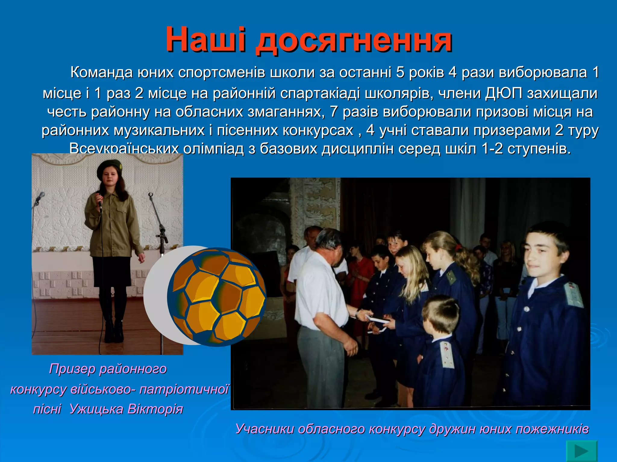 Наші досягнення
        Команда юних спортсменів школи за останні 5 років 4 рази виборювала 1
    місце і 1 раз 2 місце на районній спартакіаді школярів, члени ДЮП захищали
     честь районну на обласних змаганнях, 7 разів виборювали призові місця на
    районних музикальних і пісенних конкурсах , 4 учні ставали призерами 2 туру
        Всеукраїнських олімпіад з базових дисциплін серед шкіл 1-2 ступенів.




      Призер районного
конкурсу військово- патріотичної
   пісні Ужицька Вікторія
                                   Учасники обласного конкурсу дружин юних пожежників
 