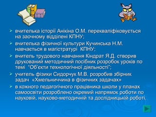    вчителька історії Анікіна О.М. перекваліфіковується
    на заочному відділені КПНУ;
   вчителька фізичної культури Кучинська Н.М.
    навчається в магістратурі КПНУ;
   вчитель трудового навчання Кіндрат Я.Д. створив
    друкований методичний посібник розробок уроків по
    темі “Об’єкти технологічної діяльності”;
   учитель фізики Сидорчук М.В. розробив збірник
    задач «Хмельниччина в фізичних задачах»
   в кожного педагогічного працівника школи у планах
    самоосвіти розроблено окремий напрямок роботи по
    науковій, науково-методичній та дослідницькій роботі.
 