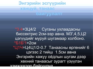 Энгэрийн эсгүүрийн
    ханцуй, танаас
          байгуулалт


   *3.4=3Ц4/2 Суганы ухлаадасны
    биссектрис 2см-ээр авна. М3',4,5,Ц2
   цэгүүдийг муруй шугамаар холбоно.
  *Б1Б'1=2см
 *Ц1Ч=Ц4Ц1/2-0.7 Танаасны өргөнийг 6
         цэгээс 2 тийш 1.5см авна
    Энгэрийн хажуу оёдлын шугам дээр
      хөхний танаасыг зурагт үзүүлэн
хэмжээгээр байгуулна.
 