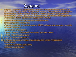 Задачи:
• собрать, изучить и обработать отчеты о патриотической работе за
   2011-2012 годы в МБОУ «Кадетская школа», Молодёжном спортивно-
   техническом клубе «Юный патриот» Чебоксарской объединённой
   технической школы ДОСААФ, в Чувашском региональном отделении
   Общероссийского Движения поддержки Флота;
• проанализировать полученную информацию;
• распространить материал:
   -Сделать доклад и презентацию в МБОУ «Кадетская школа», в клубе
   «Юный патриот»;
   -Выпустить стенгазету;
   -Предоставить собранный материал для выставки:
8. в МОУ «Кадетская школа»;
9. в МСТК «Юный патриот»;
10.в Музее Воинской Славы Национального музея Чувашской
   Республики;
   -Написать заметки для СМИ;
   -Собрать портфолио.
 