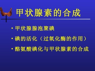 甲状腺素的合成
• 甲状腺腺泡聚碘
• 碘的活化（过氧化酶的作用）
• 酪氨酸碘化与甲状腺素的合成
 