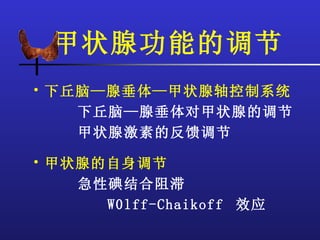 甲状腺功能的调节
• 下丘脑—腺垂体—甲状腺轴控制系统
    下丘脑—腺垂体对甲状腺的调节
    甲状腺激素的反馈调节

• 甲状腺的自身调节
    急性碘结合阻滞
      W0lff-Chaikoff 效应
 
