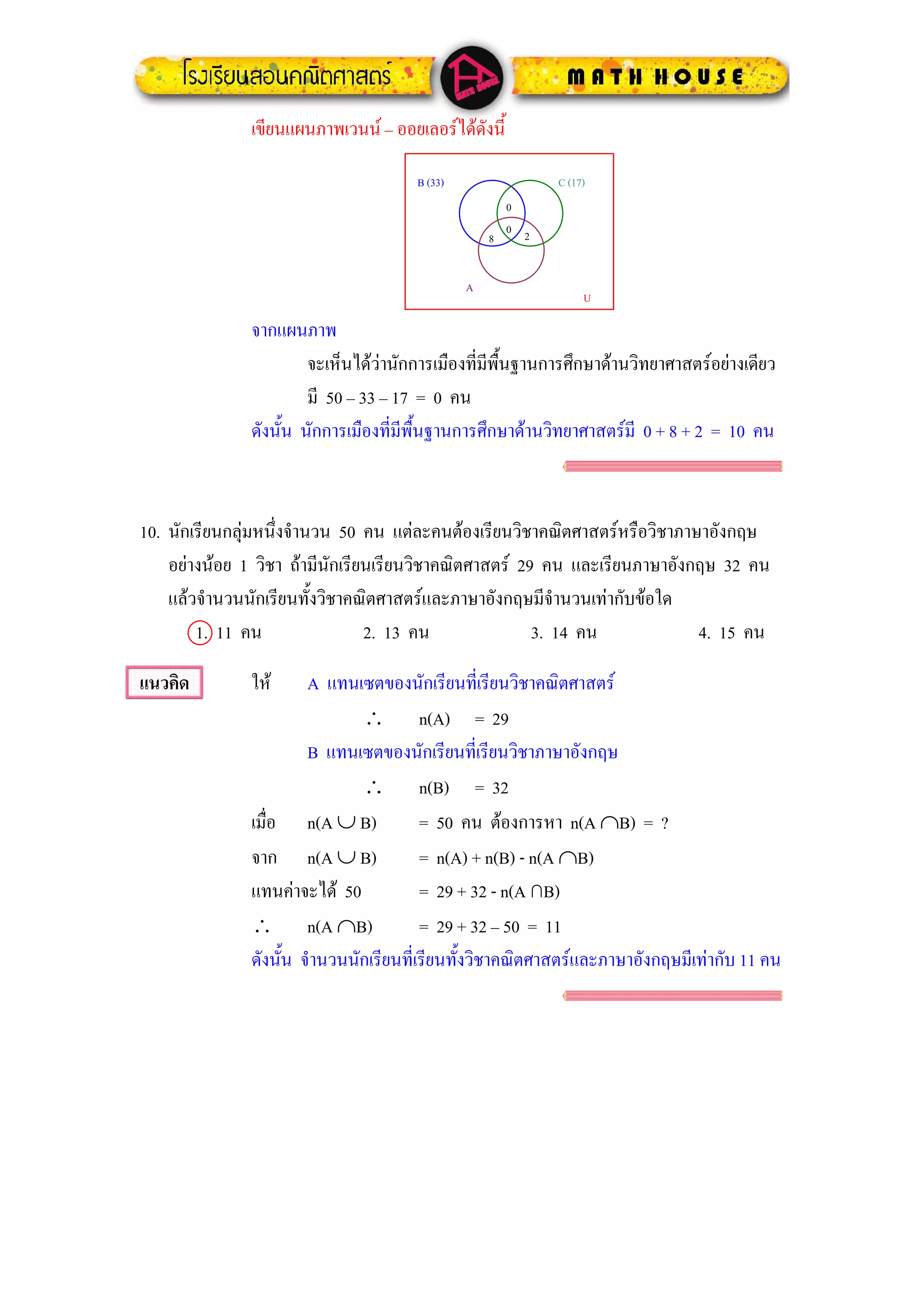 เขียนแผนภาพเวนน – ออยเลอรไดดังนี้

                                      B (33)               C (17)
                                                     0
                                                     0 2
                                                   8


                                               A
                                                                U

              จากแผนภาพ
                       จะเห็นไดวานักการเมืองที่มพื้นฐานการศึกษาดานวิทยาศาสตรอยางเดียว
                                                  ี
                       มี 50 – 33 – 17 = 0 คน
              ดังนั้น นักการเมืองที่มีพื้นฐานการศึกษาดานวิทยาศาสตรมี 0 + 8 + 2 = 10 คน



10. นักเรียนกลุมหนึ่งจํานวน 50 คน แตละคนตองเรียนวิชาคณิตศาสตรหรือวิชาภาษาอังกฤษ
    อยางนอย 1 วิชา ถามีนักเรียนเรียนวิชาคณิตศาสตร 29 คน และเรียนภาษาอังกฤษ 32 คน
    แลวจํานวนนักเรียนทั้งวิชาคณิตศาสตรและภาษาอังกฤษมีจํานวนเทากับขอใด
        1. 11 คน                 2. 13 คน               3. 14 คน            4. 15 คน

แนวคิด        ให      A แทนเซตของนักเรียนที่เรียนวิชาคณิตศาสตร
                              ∴ n(A) = 29
                       B แทนเซตของนักเรียนที่เรียนวิชาภาษาอังกฤษ
                              ∴ n(B) = 32
              เมื่อ n(A ∪ B)            = 50 คน ตองการหา n(A ∩B) = ?
              จาก n(A ∪ B)              = n(A) + n(B) - n(A ∩B)
              แทนคาจะได 50            = 29 + 32 - n(A ∩B)
              ∴ n(A ∩B)                 = 29 + 32 – 50 = 11
              ดังนั้น จํานวนนักเรียนที่เรียนทั้งวิชาคณิตศาสตรและภาษาอังกฤษมีเทากับ 11 คน
 