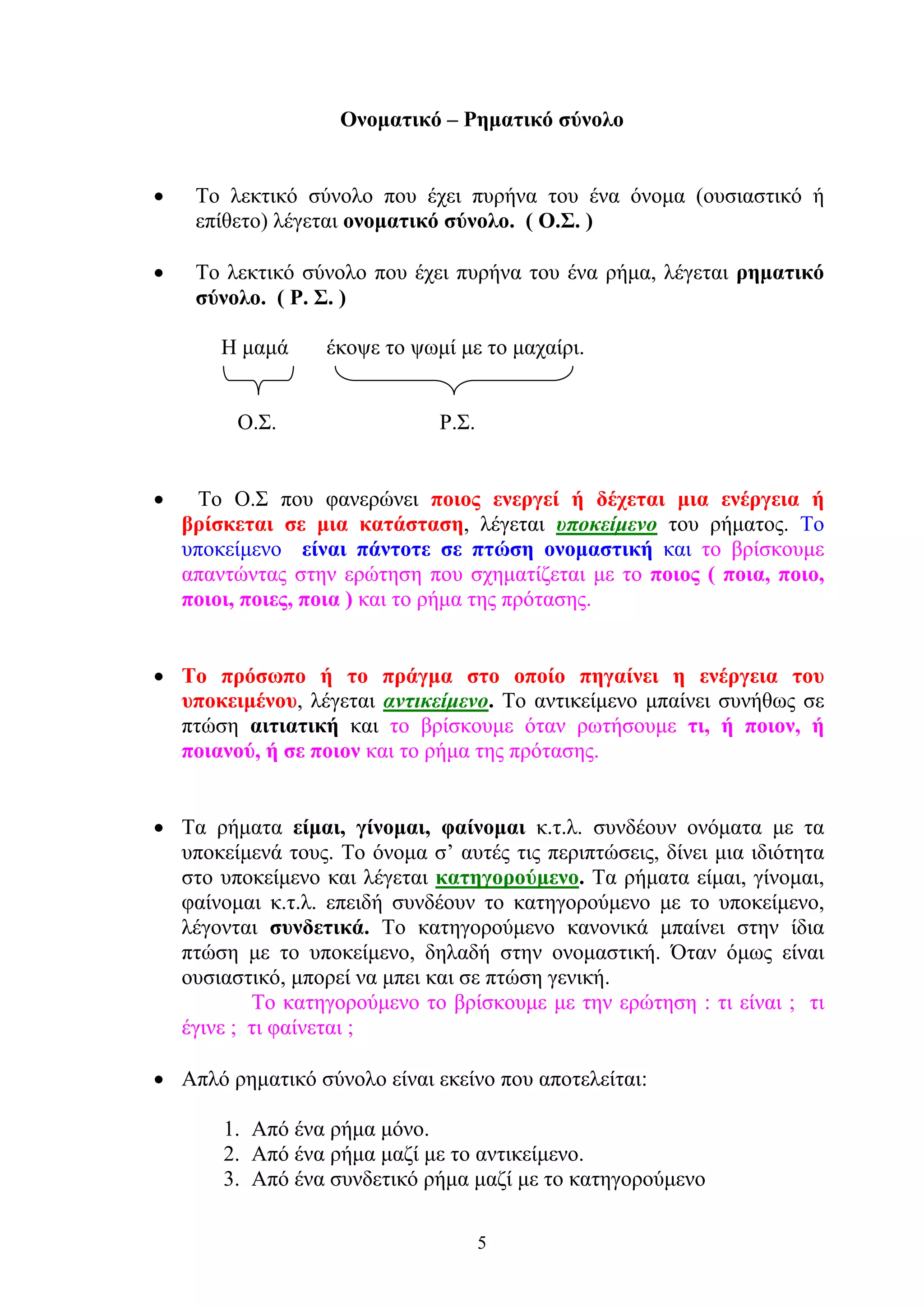 Ονοματικό – Ρηματικό σύνολο
•

Το λεκτικό σύνολο που έχει πυρήνα του ένα όνομα (ουσιαστικό ή
επίθετο) λέγεται ονοματικό σύνολο. ( Ο.Σ. )

•

Το λεκτικό σύνολο που έχει πυρήνα του ένα ρήμα, λέγεται ρηματικό
σύνολο. ( Ρ. Σ. )
Η μαμά
Ο.Σ.

•

έκοψε το ψωμί με το μαχαίρι.
Ρ.Σ.

Το Ο.Σ που φανερώνει ποιος ενεργεί ή δέχεται μια ενέργεια ή
βρίσκεται σε μια κατάσταση, λέγεται υποκείμενο του ρήματος. Το
υποκείμενο είναι πάντοτε σε πτώση ονομαστική και το βρίσκουμε
απαντώντας στην ερώτηση που σχηματίζεται με το ποιος ( ποια, ποιο,
ποιοι, ποιες, ποια ) και το ρήμα της πρότασης.

• Το πρόσωπο ή το πράγμα στο οποίο πηγαίνει η ενέργεια του
υποκειμένου, λέγεται αντικείμενο. Το αντικείμενο μπαίνει συνήθως σε
πτώση αιτιατική και το βρίσκουμε όταν ρωτήσουμε τι, ή ποιον, ή
ποιανού, ή σε ποιον και το ρήμα της πρότασης.
• Τα ρήματα είμαι, γίνομαι, φαίνομαι κ.τ.λ. συνδέουν ονόματα με τα
υποκείμενά τους. Το όνομα σ’ αυτές τις περιπτώσεις, δίνει μια ιδιότητα
στο υποκείμενο και λέγεται κατηγορούμενο. Τα ρήματα είμαι, γίνομαι,
φαίνομαι κ.τ.λ. επειδή συνδέουν το κατηγορούμενο με το υποκείμενο,
λέγονται συνδετικά. Το κατηγορούμενο κανονικά μπαίνει στην ίδια
πτώση με το υποκείμενο, δηλαδή στην ονομαστική. Όταν όμως είναι
ουσιαστικό, μπορεί να μπει και σε πτώση γενική.
Το κατηγορούμενο το βρίσκουμε με την ερώτηση : τι είναι ; τι
έγινε ; τι φαίνεται ;
• Απλό ρηματικό σύνολο είναι εκείνο που αποτελείται:
1. Από ένα ρήμα μόνο.
2. Από ένα ρήμα μαζί με το αντικείμενο.
3. Από ένα συνδετικό ρήμα μαζί με το κατηγορούμενο
5

 