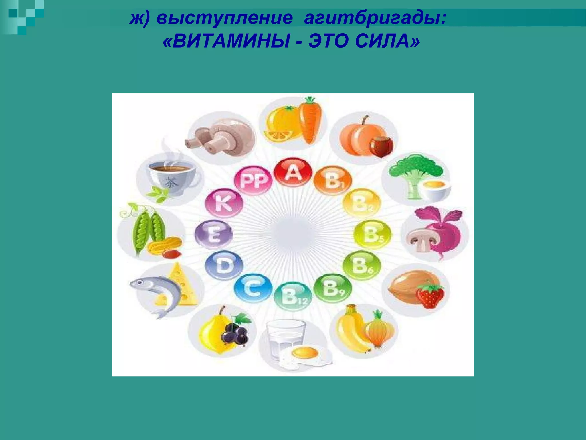 ж) выступление агитбригады:
   «ВИТАМИНЫ - ЭТО СИЛА»
 