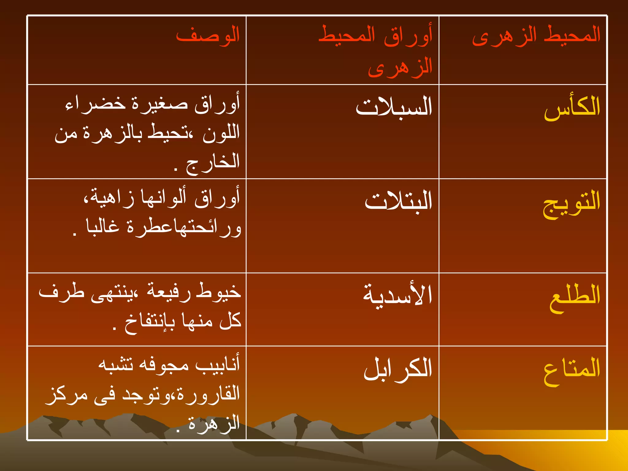‫الوصف‬       ‫أوراق المحيط‬   ‫المحيط الزهرى‬
                                 ‫الزهرى‬
  ‫أوراق صغيرة خضراء‬            ‫السبلت‬             ‫الكأس‬
 ‫اللون ،تحيط بالزهرة من‬
                 ‫الخارج .‬
     ‫أوراق ألوانها زاهية،‬       ‫البتلت‬            ‫التويج‬
   ‫ورائحتهاعطرة غالبا .‬

‫خيوط رفيعة ،ينتهى طرف‬           ‫السدية‬            ‫الطلع‬
      ‫كل منها بإنتفاخ .‬
     ‫أنابيب مجوفه تشبه‬          ‫الكرابل‬           ‫المتاع‬
‫القارورة،وتوجد فى مركز‬
              ‫الزهرة .‬
 