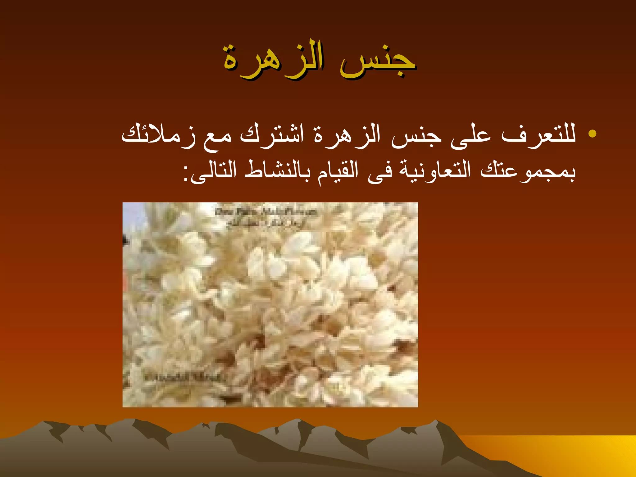 ‫جنس الزهرة‬
‫• للتعرف على جنس الزهرة اشترك مع زملئك‬
    ‫بمجموعتك التعاونية فى القيام بالنشاط التالى:‬
 