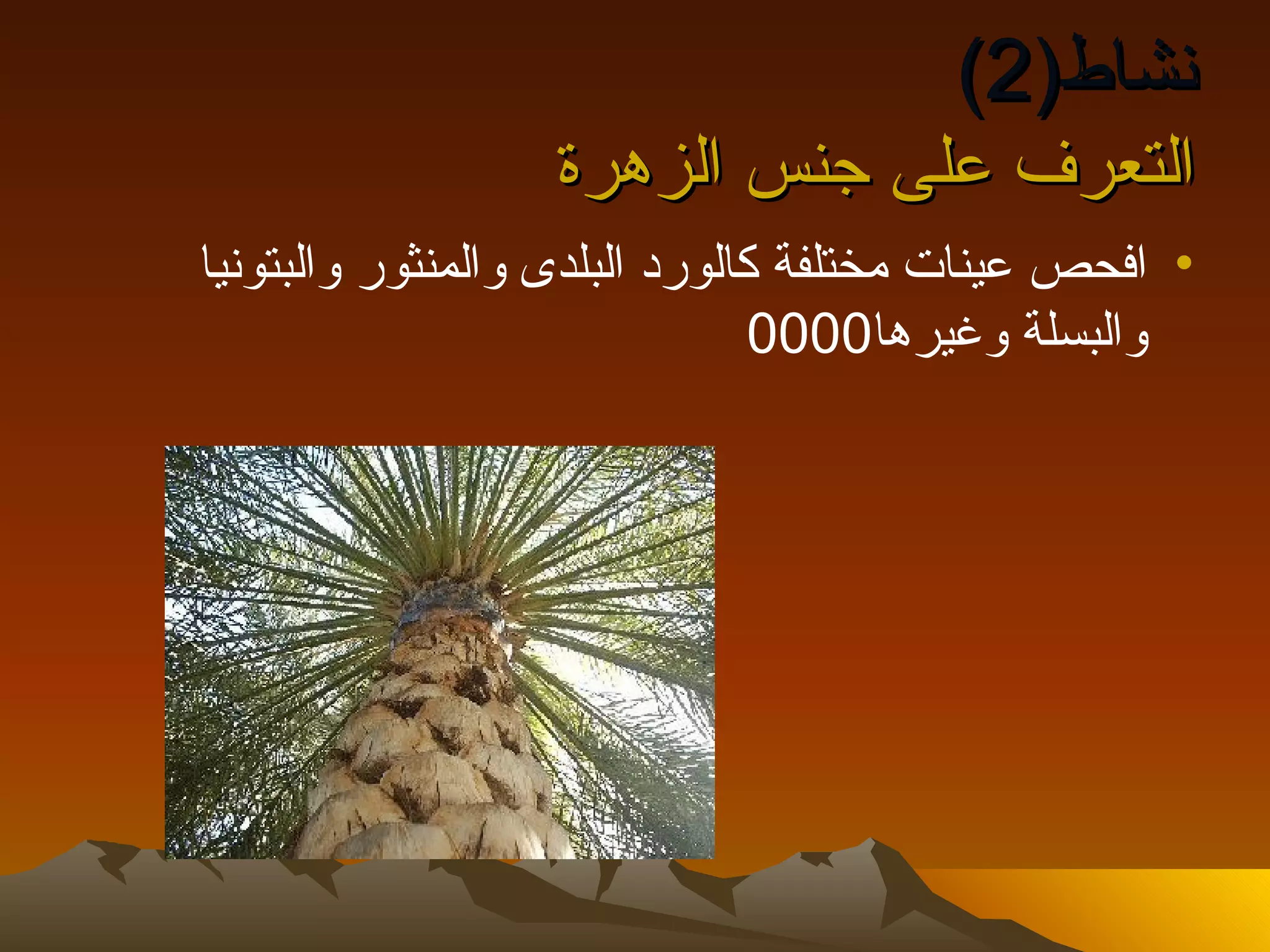 ‫نشاط)2(‬
                  ‫التعرف على جنس الزهرة‬
‫• افحص عينات مختلفة كالورد البلدى والمنثور والبتونيا‬
                                ‫والبسلة وغيرها0000‬
 