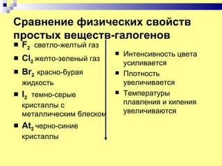 Сравнение физических свойств
простых веществ-галогенов
   F2 светло-желтый газ
                               Интенсивность цвета
   Cl2 желто-зеленый газ       усиливается
   Br2 красно-бурая           Плотность
    жидкость                    увеличивается
   I2 темно-серые             Температуры
    кристаллы с                 плавления и кипения
    металлическим блеском       увеличиваются
   At2 черно-синие
    кристаллы
 