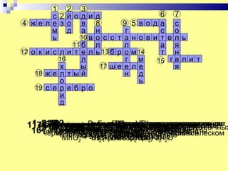 1 2 3
         с 2йоди        д                6 7
4 ж2ле з о в
     е                  8       9 5 вода с
         м д а          н        г       с о
         ь       10 в   о с с т анов и т ель
               11 б     л        л       а я
12 о к и с л и т е л    ь 13 б р о м 14  т н
           16     л              г м    15 г а л и т
           х      ы      17 ш е е л е        я
    18 ж е л т ы й               н д
           о                         ь
    19 с е р е б р о
           и
           д

  11315вертикали)ЦветГалоген,при качественном обычных
    (по106(по14 (по ВтороеМеталл, нитрат которого -
          12 (по вертикали) .Радиоактивный галоген
     8 (по вертикали).вертикали). кристаллы реакции: имеют
     2 19 вертикали)..Степень окислениясоединение
 1172(по4(по18горизонтали).. Ученый,+открывшийпри состава
    (по (по (по(по горизонтали).Роль брома в в молекулах
        (по горизонтали). осадка HCl окисления галогенов
         вертикали). ВысшаяРоль атомов которого
         вертикали). . Количество
             (по горизонтали) степень в хлороводородной
                                          реакции:
     3 (по горизонтали)Галоген,. Brявляющийся2веществ
         17(погоризонтали)..Природное…→CuBr хлор
                 горизонтали)
             вертикали)                   простых
                                название группы AgI
        9 используют .для цветсоли осадка
             (по горизонтали) Clназвание вещества
               вертикали). NaI - 2 +Цвет
  16 черно-фиолетовый.галогенов+…→HF+O2 блеском
                    (по Название …→FeCl3
                            Элемент VIIА ¯
                 5(по .горизонтали).сFметаллическим
      (по вертикали)горизонтали)NaCl соляной кислоты
                                      2
                               определения галогенов
             определении ионов хлора Cl
                   простых веществ-галогенов
                              кислоты
                    условиях жидкостью
                                      2
           MnO2 + 4HCl→MnCL2+Cl2+ I2 2O
                  Br2 (кроме фтора)
                       + 2KI →2KBr +2H
 