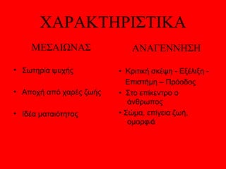 ΧΑΡΑΚΤΗΡΙΣΤΙΚΑ
     ΜΕΣΑΙΩΝΑΣ              ΑΝΑΓΕΝΝΗΣΗ

• Σωτηρία ψυχής          • Κριτική σκέψη - Εξέλιξη -
                           Επιστήμη – Πρόοδος
• Αποχή από χαρές ζωής   • Στο επίκεντρο ο
                            άνθρωπος
• Ιδέα ματαιότητας       • Σώμα, επίγεια ζωή,
                            ομορφιά
 