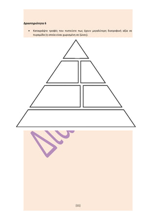 Δραστηριότητα 6

   •   Καταγράψτε τροφές που πιστεύετε πως έχουν μεγαλύτερη διατροφική αξία σε
       πυραμίδα (η οποία είναι χωρισμένη σε ζώνες).




                                     [11]
 