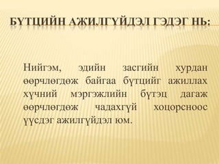 БҮТЦИЙН АЖИЛГҮЙДЭЛ ГЭДЭГ НЬ:



 Нийгэм,    эдийн   засгийн   хурдан
 өөрчлөгдөж байгаа бүтцийг ажиллах
 хүчний мэргэжлийн бүтэц дагаж
 өөрчлөгдөж    чадахгүй   хоцорсноос
 үүсдэг ажилгүйдэл юм.
 