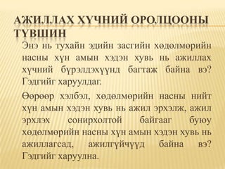 АЖИЛЛАХ ХҮЧНИЙ ОРОЛЦООНЫ
ТҮВШИН
 Энэ нь тухайн эдийн засгийн хөдөлмөрийн
 насны хүн амын хэдэн хувь нь ажиллах
 хүчний бүрэлдэхүүнд багтаж байна вэ?
 Гэдгийг харуулдаг.
 Өөрөөр хэлбэл, хөдөлмөрийн насны нийт
 хүн амын хэдэн хувь нь ажил эрхэлж, ажил
 эрхлэх    сонирхолтой    байгааг    буюу
 хөдөлмөрийн насны хүн амын хэдэн хувь нь
 ажиллагсад, ажилгүйчүүд байна вэ?
 Гэдгийг харуулна.
 