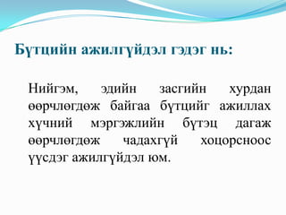Бүтцийн ажилгүйдэл гэдэг нь:

 Нийгэм,    эдийн   засгийн   хурдан
 өөрчлөгдөж байгаа бүтцийг ажиллах
 хүчний мэргэжлийн бүтэц дагаж
 өөрчлөгдөж    чадахгүй   хоцорсноос
 үүсдэг ажилгүйдэл юм.
 