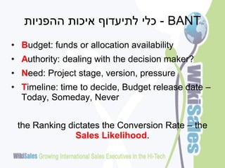‫ - כלי לתיעדוף איכות ההפניות‬BANT
• Budget: funds or allocation availability
• Authority: dealing with the decision maker?
• Need: Project stage, version, pressure
• Timeline: time to decide, Budget release date –
  Today, Someday, Never


 the Ranking dictates the Conversion Rate – the
               Sales Likelihood.
 