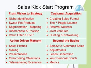 Sales Kick Start Program
    From Vision to Strategy        Customer Acquisition
   Niche Identification          Creating Sales Funnel
   Sweet-Pot Products            The 7 Pages Launch
   Segmentation - Mapping        Referral Network
   Differentiate & Position      Joint Ventures
   Value Offer & UVP             Hunting & Networking
    Action Driven Marcom             Beyond the Basics
   Sales Pitches                 Sales2.0: Automatic Sales
   Mailing                       Adjustments
   Presentations                 Leads Generation
   Overcoming Objections         Your Personal Touch
   Telemarketing Scenarios       Metrics
 
