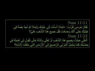 ‫11:11 ‪Num‬‬
    ‫فَمَبي ِٛعٝ ٌٍِشةِّ : «ٌِّبرا أَعأْد ئٌِٝ ػجذن ٌِّٚبرا ٌُ أَجذ ِٔؼّخً فِٟ‬
           ‫َِْ َ َ َ َ ْ ِْ ْ َ‬                ‫َ َ َ َ‬         ‫َّ‬  ‫ُ َ‬
                      ‫ػ١َٕ١ْه حزَّٝ أََّٔه ٚظؼْذ ثِمً جّ١غ َ٘زا اٌشؼت ػٍٟ؟‬
                        ‫َ َ َ َ ْ َ ِ ِ َ َّ ْ ِ َ َّ‬                 ‫َْ َ َ‬
                                                             ‫21:11 ‪Num‬‬
‫أٌَؼٍِّٟ حجٍِذ ثجّ١غ َ٘زا اٌشؼت أَٚ ٌؼٍِّٟ ٌٚذرُُٗ حزَّٝ رَمُٛي ٌِٟ احْ ٍُّٗ فِٟ‬
       ‫ِ‬                    ‫َ ُ ِ َ ِ ِ َ َّ ْ ِ ْ َ َ ْ َ‬                  ‫َ‬
      ‫حعْ ٕه وّب ٠َحْ ًّ اٌّشثِّٟ اٌشَّظ١غ ئٌِٝ األَسْ ض اٌزٟ حٍفذ ٢ثَبئٗ؟‬
       ‫ِ ِ َ ْ َ ِ ِِ‬                        ‫ِ َ‬         ‫ِ ُ ُ َ‬   ‫ِ ِ َ ََ‬




                                                                              ‫7٘‬
 