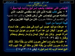 ‫ٕ - حُوَٝؽ‬
                    ‫(حُوَٕ حُؼخُغ ػَ٘ هزَ حُٔ٤الى)‬
      ‫ِّ‬
   ‫حألؿ٘خّ حُظ٢ حهظِطض ر٘ؼذ آَحث٤َ ًٝحرض ك٤ٚ ٓزٌَح:‬
    ‫ٖ - كظ٠ ًخُذ ٗلٔٚ حٌُ١ ًخٕ أكي ٓظويٓ٢ حُ٘ؼذ، حٌُ١‬
‫حٓظؤٓ٘ٚ ٓٞٓ٠ ُ٤ظـْٔ ػِ٠ أٍٝ ً٘ؼخٕ، ٝحٌُ١ أهٌ ٜٗ٤زٚ‬
                                            ‫َّ‬
   ‫ك٢ حُظؤ٤ْ ك٢ ٓ٘طوش كزَٕٝ، ًخٕ ٖٓ هز٤ِش حُوِ٘٣٤ٖ ٝٛ٢‬
                                           ‫هز٤ِش أىٝٓ٤ش ٖٓ أىّٝ:‬
 ‫+ «ٌٝٛٙ ٓٞحُ٤ي ػ٤ٔٞ أر٢ أىّٝ ك٢ ؿزَ ٓؼ٤َ. ٌٛٙ أٓٔخء‬
  ‫ر٘٢ ػ٤ٔٞ: أُ٤لخُ حرٖ ػيح حَٓأس ػ٤ٔٞ ٍٝػٞث٤َ حرٖ رٔٔش‬
   ‫حَٓأس ػ٤ٔٞ. ًٝخٕ ر٘ٞ أُ٤لخُ ط٤ٔخٕ ٝأٝٓخٍ ٝٛلٞ ٝؿؼؼخّ‬
                                    ‫ٝه٘خُ.» (طي ٖٙ: 9-ٔٔ)‬
  ‫+ «كزخًٍٚ ٣٘ٞع ٝأػط٠ كزَٕٝ ٌُخُذ رٖ ٣َلَُّ٘ش ٌِٓخ. ٌُُي‬
  ‫ٛخٍص كزَٕٝ ٌُخُذ رٖ ٣َلَُّ٘ش حُوِ٘١ ٌِٓخ اُ٠ ٌٛح حُ٤ّٞ ألٗٚ‬
          ‫حطزغ طٔخٓخ حَُد اُٚ آَحث٤َ.» (٣ٖ ٗٔ: ٖٔٝٗٔ)‬
                                                                   ‫ٗٙ‬
 
