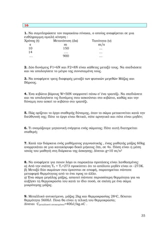 16

1. Να συµπληρώσετε τον παρακάτω πίνακα, ο οποίος αναφέρεται σε µια
ευθύγραµµη οµαλή κίνηση :
Χρόνος (t)      Μετατόπιση (∆x)         Ταχύτητα (υ)
    s                   m                   m/s
   10                  150                  …
   14                   ….                  …
    …                  900                  …


2. ∆ύο δυνάµεις F1=6N και F2=8N είναι κάθετες µεταξύ τους. Να σχεδιάσετε
και να υπολογίσετε το µέτρο της συνισταµένη τους.

3. Να αναφέρετε τρεις διαφορές µεταξύ των φυσικών µεγεθών Μάζας και
Βάρους.


4. Ένα κιβώτιο βάρους W=50N ισορροπεί πάνω σ’ ένα τραπέζι. Να σχεδιάσετε
και να υπολογίσετε τις δυνάµεις που ασκούνται στο κιβώτιο, καθώς και την
δύναµη που ασκεί το κιβώτιο στο τραπέζι.


5. Πώς ορίζεται το έργο σταθερής δύναµης, όταν το σώµα µετακινείται κατά την
διεύθυνσή της; Πότε το έργο είναι θετικό, πότε αρνητικό και πότε είναι µηδέν;


6. Τι ονοµάζουµε µηχανική ενέργεια ενός σώµατος; Πότε αυτή διατηρείται
σταθερή;


7. Κατά την διάρκεια ενός µαθήµατος γυµναστικής , ένας µαθητής µάζας 60kg
αναρριχάται σε µια κατακόρυφο δοκό µήκους 3m, σε 4s. Πόση είναι η µέση
ισχύς του µαθητή στη διάρκεια της άσκησης; ∆ίνεται g=10 m/s2


8. Να αναφέρετε για ποιον λόγο οι παρακάτω προτάσεις είναι λανθασµένες:
α) Από την σχέση Τκ = Τc+273 προκύπτει ότι το απόλυτο µηδέν είναι οι -273Κ.
β) Μεταξύ δύο σωµάτων που έρχονται σε επαφή, παρατηρείται πάντοτε
µεταφορά θερµότητας από το ένα προς το άλλο.
γ) Ένα σώµα µεγάλης µάζας, απαιτεί πάντοτε περισσότερη θερµότητα για να
αυξήσει τη θερµοκρασία του κατά το ίδιο ποσό, σε σχέση µε ένα σώµα
µικρότερης µάζας.


9. Μεταλλικό αντικείµενο, µάζας 2kg και θερµοκρασίας 28οC, δέχεται
θερµότητα 5600J. Ποια θα είναι η τελική του θερµοκρασία;
∆ίνεται Cµεταλλικού αντικειµένου=400J/kg.oC .


                                                                          35
 