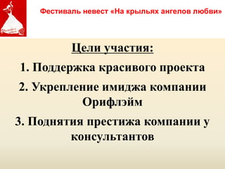 Фестиваль невест «На крыльях ангелов любви»




          Цели участия:
1. Поддержка красивого проекта
2. Укрепление имиджа компании
          Орифлэйм
3. Поднятия престижа компании у
         консультантов
             Copyright ©2011 by Oriflame Cosmetics SA
                                                        Copyright ©2011 by Oriflame Cosmetics SA
 