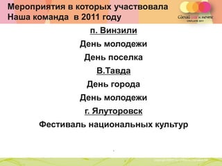 Мероприятия в которых участвовала
Наша команда в 2011 году
                  п. Винзили
              День молодежи
               День поселка
                      В.Тавда
                 День города
              День молодежи
               г. Ялуторовск
      Фестиваль национальных культур

                                ,
               Copyright ©2011 by Oriflame Cosmetics SA
                                                          Copyright ©2011 by Oriflame Cosmetics SA
 
