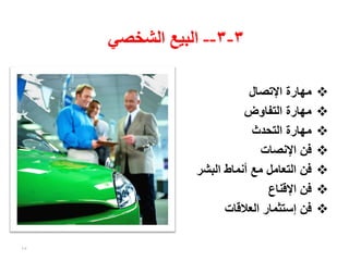 ‫3-3-- البيع الشخصي‬

                            ‫مهارة اإلتصال‬    ‫‪‬‬
                          ‫مهارة التفاوض‬      ‫‪‬‬
                            ‫مهارة التحدث‬     ‫‪‬‬
                              ‫فن اإلنصات‬     ‫‪‬‬
                ‫فن التعامل مع أنماط البشر‬    ‫‪‬‬
                                ‫فن اإلقناع‬   ‫‪‬‬
                      ‫فن إستثمار العالقات‬    ‫‪‬‬

‫71‬
 