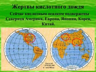 Жертвы кислотного дождя
  Сейчас кислотным осадком подвержены
Северная Америка, Европа, Япония, Корея,
                Китай.
 