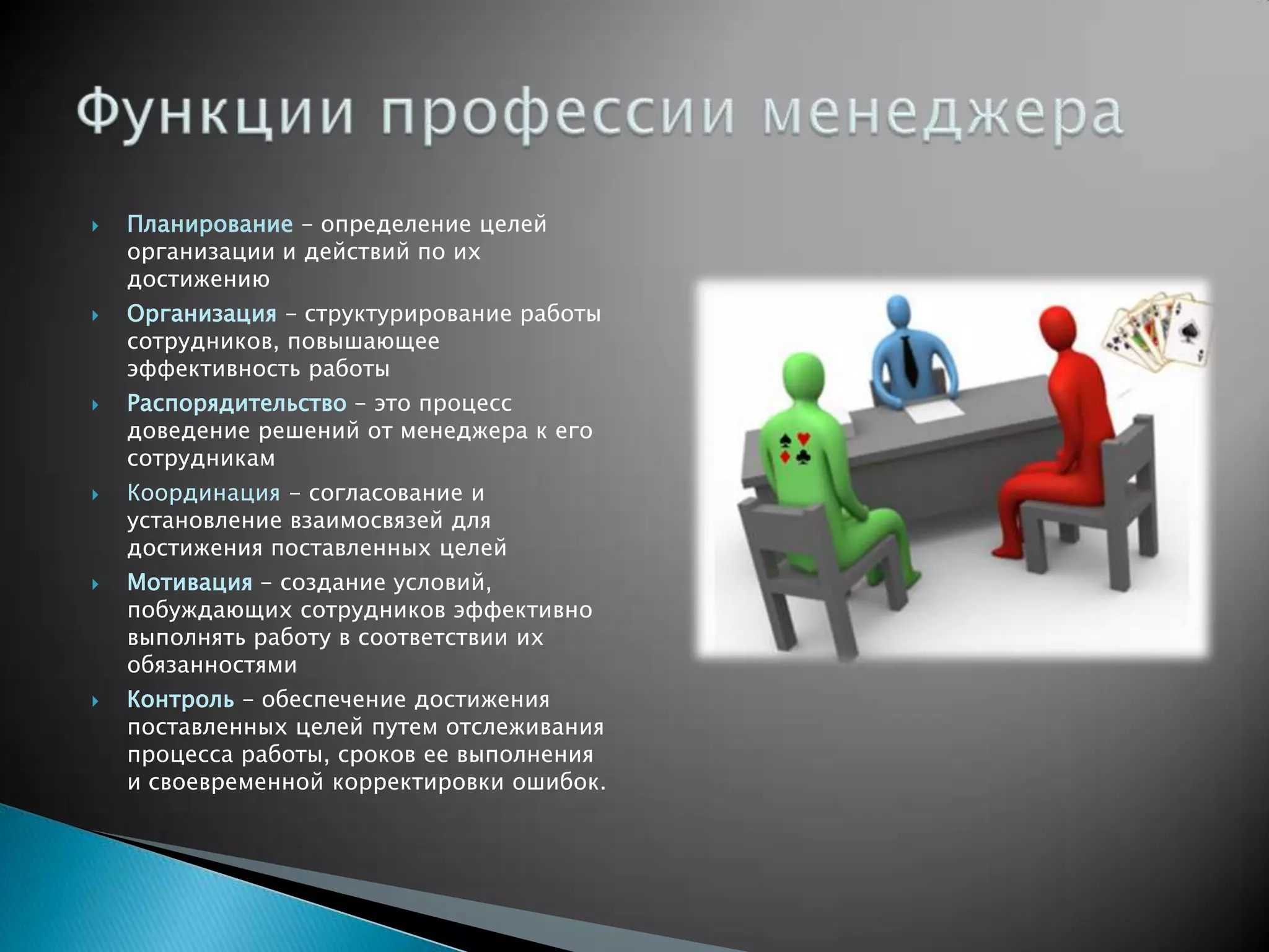    Планирование - определение целей
    организации и действий по их
    достижению
   Организация - структурирование работы
    сотрудников, повышающее
    эффективность работы
   Распорядительство - это процесс
    доведение решений от менеджера к его
    сотрудникам
   Координация - согласование и
    установление взаимосвязей для
    достижения поставленных целей
   Мотивация - создание условий,
    побуждающих сотрудников эффективно
    выполнять работу в соответствии их
    обязанностями
   Контроль - обеспечение достижения
    поставленных целей путем отслеживания
    процесса работы, сроков ее выполнения
    и своевременной корректировки ошибок.
 