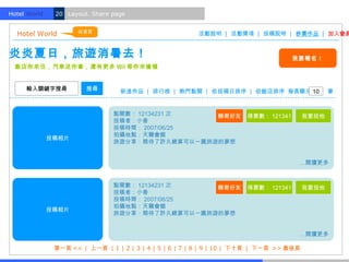 Hotel World.    20 Layout. Share page


                      回首頁
  Hotel World                                             活動說明 | 活動獎項 | 投稿說明 | 參賽作品 | 加入會員


炎炎夏日，旅遊消暑去！                                                                           我要報名！
  飯店你來住，汽車送你拿，還有更多 Wii 等你來搶喔


     輸入關鍵字搜尋             搜尋        新進作品 | 排行榜 | 熱門點閱 | 依投稿日排序 | 依飯店排序 每頁顯示 10                     筆


                                 點閱數： 12134231 次   轉寄好友                 得票數： 121341        我要投他
                                 投稿者：小香
                                 投稿時間： 2007/06/25
                                 拍攝地點：天籟會館
               投稿相片
                                 旅遊分享：期待了許久總算可以一圓旅遊的夢想


                                 　　　　　　　　　　　　　　　　　　　　　　　　　　　　　　　　…閱讀更多


                                 點閱數： 12134231 次   轉寄好友                 得票數： 121341        我要投他
                                 投稿者：小香
                                 投稿時間： 2007/06/25
                                 拍攝地點：天籟會館
               投稿相片
                                 旅遊分享：期待了許久總算可以一圓旅遊的夢想


                                 　　　　　　　　　　　　　　　　　　　　　　　　　　　　　　　　…閱讀更多

                第一頁 << | 上一頁 | 1 | 2 | 3 | 4 | 5 | 6 | 7 | 8 | 9 | 10 | 下十頁 | 下一頁 >> 最後頁
 