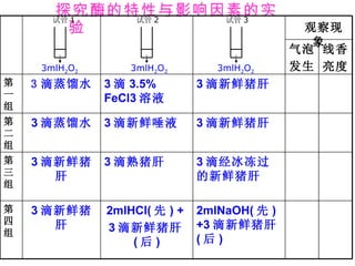 探究酶的特性与影响因素的实
       试管 1 试管 2 试管 3
         验                                     观察现
                                                象
                                              气泡 线香
     3mlH2O2       3mlH2O2        3mlH2O2     发生 亮度
第   3 滴蒸馏水     3 滴 3.5%        3 滴新鲜猪肝
一              FeCl3 溶液
组
第   3 滴蒸馏水     3 滴新鲜唾液         3 滴新鲜猪肝
二
组
第   3 滴新鲜猪     3 滴熟猪肝          3 滴经冰冻过
三      肝                       的新鲜猪肝
组

第   3 滴新鲜猪     2mlHCl( 先 ) +   2mlNaOH( 先 )
四      肝                       +3 滴新鲜猪肝
组              3 滴新鲜猪肝
                   (后 )        (后 )
 