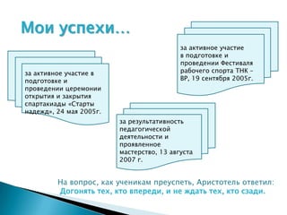Мои успехи…
                                           за активное участие
                                           в подготовке и
                                           проведении Фестиваля
за активное участие в                      рабочего спорта ТНК –
подготовке и                               ВР, 19 сентября 2005г.
проведении церемонии
открытия и закрытия
спартакиады «Старты
надежд», 24 мая 2005г.
                         за результативность
                         педагогической
                         деятельности и
                         проявленное
                         мастерство, 13 августа
                         2007 г.


         На вопрос, как ученикам преуспеть, Аристотель ответил:
         Догонять тех, кто впереди, и не ждать тех, кто сзади.
 