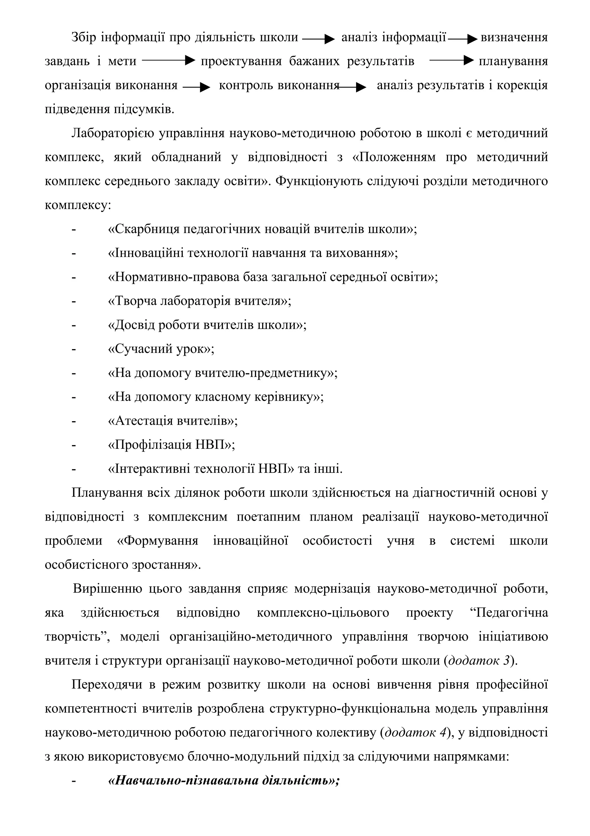 Збір інформації про діяльність школи            аналіз інформації       визначення
завдань і мети               проектування бажаних результатів                 планування
організація виконання            контроль виконання         аналіз результатів і корекція
підведення підсумків.
      Лабораторією управління науково-методичною роботою в школі є методичний
комплекс, який обладнаний у відповідності з «Положенням про методичний
комплекс середнього закладу освіти». Функціонують слідуючі розділи методичного
комплексу:
      -       «Скарбниця педагогічних новацій вчителів школи»;
      -       «Інноваційні технології навчання та виховання»;
      -       «Нормативно-правова база загальної середньої освіти»;
      -       «Творча лабораторія вчителя»;
      -       «Досвід роботи вчителів школи»;
      -       «Сучасний урок»;
      -       «На допомогу вчителю-предметнику»;
      -       «На допомогу класному керівнику»;
      -       «Атестація вчителів»;
      -       «Профілізація НВП»;
      -       «Інтерактивні технології НВП» та інші.
      Планування всіх ділянок роботи школи здійснюється на діагностичній основі у
відповідності з комплексним поетапним планом реалізації науково-методичної
проблеми       «Формування    інноваційної    особистості    учня   в     системі   школи
особистісного зростання».
      Вирішенню цього завдання сприяє модернізація науково-методичної роботи,
яка       здійснюється   відповідно   комплексно-цільового      проекту      “Педагогічна
творчість”, моделі організаційно-методичного управління творчою ініціативою
вчителя і структури організації науково-методичної роботи школи (додаток 3).
      Переходячи в режим розвитку школи на основі вивчення рівня професійної
компетентності вчителів розроблена структурно-функціональна модель управління
науково-методичною роботою педагогічного колективу (додаток 4), у відповідності
з якою використовуємо блочно-модульний підхід за слідуючими напрямками:
      -       «Навчально-пізнавальна діяльність»;
 