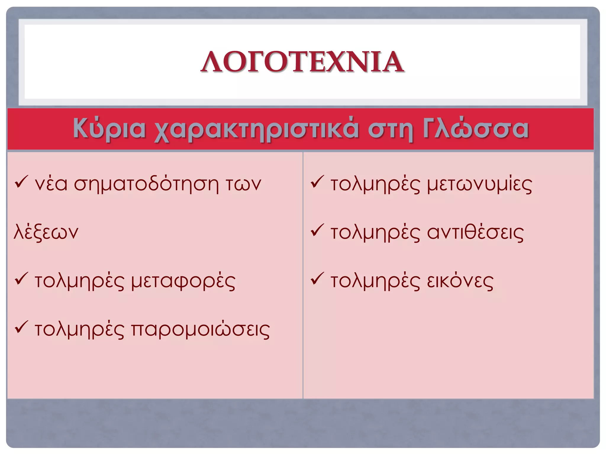 ΛΟΓΟΤΕΧΝΙΑ

     Κύρια χαρακτηριστικά στη Γλώσσα
 νέα σηματοδότηση των     τολμηρές μετωνυμίες

λέξεων                     τολμηρές αντιθέσεις

 τολμηρές μεταφορές       τολμηρές εικόνες

 τολμηρές παρομοιώσεις
 
