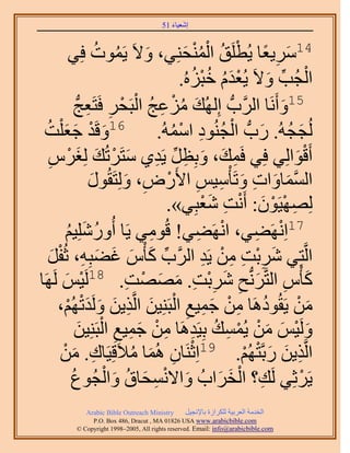 ‫َ َ‬
                                       ‫اٗؼ٤خء 15‬



              ‫َ ُ كِ٢‬                          ‫َ ِ ً ْ ُ ُْْ َ‬
                          ‫41َٓ٣ؼخ ٣ُطَِن حُٔ٘لِ٘٢، ٝ٫َ ٣َٔٞصُ‬
                                                 ‫ْ ِّ َ ْ َ ُ ُ ْ ُ‬
                                              ‫حُـُذ ٝ٫َ ٣ُؼيّ هزُِٙ.‬
                 ‫َ ُ ْ ِ ُ ْ ْ ِ ظَؼؾُّد‬
                      ‫ِ‬     ‫51ٝأََٗخ حََُّودُّد اُُِٜي ِٓػؾ حُزَلَ كَ‬
                                                                  ‫َ‬
 ‫61ٝهَي ؿؼ ِْضُ‬
         ‫َ ْ َ َ‬                            ‫َ ُ َ ْ ُ ِ ْ ُ‬
                                        ‫ُُــُٚ. ٍدُّد حُـُ٘ٞى حُٓٔٚ.‬
  ‫أَهٞحُِ٢ كِ٢ كَٔي، ٝرِظَ ٣َي١ ٓظََطُي ُِـَّ‬
  ‫ِ‬          ‫ِ َ َ ِ ِّ ِ َ ْ َ َ ْ‬                                 ‫َْ‬
                        ‫حُٔٔخٝحص ٝطَؤْٓ٤ْ ح٧ٍَٝ، ُِٝظَوٍُٞ‬
                        ‫َ‬        ‫َّو َ َ ِ َ ِ ِ ْ ِ َ‬
                                           ‫ُِٜٜ٤َٕٞ: أَٗض ٗؼزِ٢».‬
                                                    ‫ِ ْ ْ َ ْ ِ َْ‬
          ‫ُ ِِ٤ْ‬
           ‫ُ‬         ‫71حَِٜٗ٠٢، حَٜٗ٠٢! هُٞٓ٢ ٣َخ أٍَُٝٗ‬
                                      ‫ِ‬            ‫ْ ِ‬        ‫ْ ِ‬
  ‫حَُّوظِ٢ َٗرض ٖٓ ٣َي حََُّود ًؤّْ ؿ٠زِٚ، ػُلَ‬
    ‫ِّ َ َ َ َ ِ ْ َ‬                                ‫َ ِْ ِ ِ ْ ِ‬
     ‫ًؤّْ حُظَّوَُّٗدق َٗرض. ٜٜٓض. 81َُ٤ْ َُ‬
‫ْ َ َٜخ‬                           ‫َ ِ َ ِ َ ِْ ِ َ َ ْ ِ‬
          ‫ُ ِ ْ َ ِ ِ ْ َ ِ َ َ َْ ْ‬
       ‫ٖٓ ٣َوُٞىَٛخ ٖٓ ؿٔ٤غ حُزَِ٘٤ٖ حَُّوٌ٣ٖ َُٝيطُْٜ،‬             ‫َ ْ‬
                    ‫َ ْ َ َ ْ ْ ِ ُ ِ ِ ْ َ ِ ِ ْ َ‬
                 ‫َُٝ٤ْ ٖٓ ٣ُٔٔي رِ٤َيَٛخ ٖٓ ؿٔ٤غ حُزَِ٘٤ٖ‬
               ‫َ‬          ‫ِ‬        ‫ْ ِ َ ُ‬
        ‫حَُّوٌ٣ٖ ٍرَّوظُْٜ. 91حِػَ٘خٕ ُٛٔخ ٓ٬َهِ٤َخى. ْٖٓ‬   ‫ِ َ َ ْ ْ‬
              ‫َ ْ ِ َ ُ َ ْ ُ‬
              ‫٣ََػِ٢ َُي؟ حُوَحدُ ٝح٫ٗٔلخم ٝحُـُٞع‬     ‫ِ ْ َ َ‬        ‫ْ‬
            ‫‪Arabic Bible Outreach Ministry‬‬      ‫حُويٓش حُؼَر٤ش ٌَُِحُس رخ٩ٗـ٤َ‬
              ‫‪P.O. Box , Dracut , MAUSA www.arabicbible.com‬‬
         ‫‪© Copyright , All rights reserved. Email: info@arabicbible.com‬‬
 